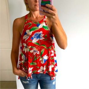 Red Floral Handkerchief Hem Tank